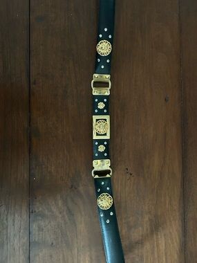 Black Leather Belt with Gold Medallion Details